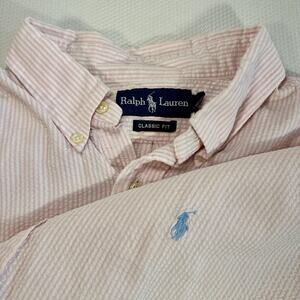 Ralph Lauren Shirt Mens Extra Large Pink Seersucker Short Sleeve Button Up Polo